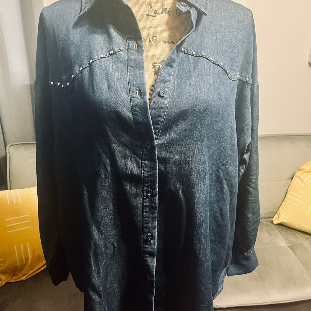 Studio Dark Blue Denim Button-Up Top - Picture 12 of 14